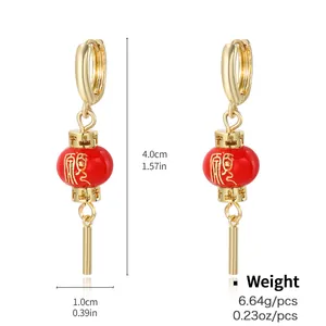 Boucles d'oreilles Pendantes Vintage Lanterne Rouge Coeur Cuivre Plaqué Or Avec Tige en Argent Strass Zircone Bijoux Femme