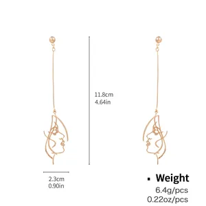 Classic gold-plated geometric abstract face line earrings with dimensions and weight info
