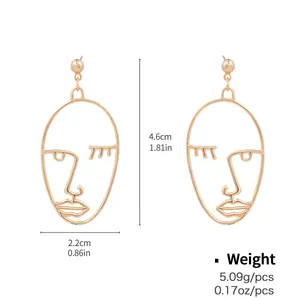 Classic gold face outline drop earrings with geometric hollow design and dimensions