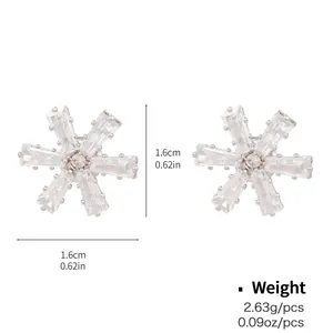 Detail view of snowflake stud earrings with clear square zircons and size measurements
