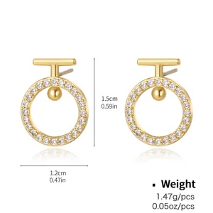 Elegant gold-plated round hoop earrings with zircon pavé and hanging metallic beads
