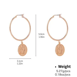 Detailed size view of rose gold hoop earrings with vintage coin relief portrait pendants