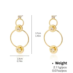 Detailed size chart showing 3.7cm length gold triple hoop earrings with zircon