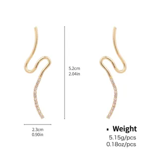 Classic golden curved hoop earrings with sparkling zircon stones and detailed measurements