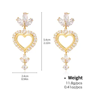Elegant gold-plated heart drop earrings with white zircon stones and size specifications