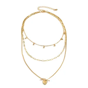 Bohemian Layered Gold Color Zinc Alloy Rhinestone Pendant Necklace For Women Trendy Multi-layer Heart Moon Constellation Jewelry
