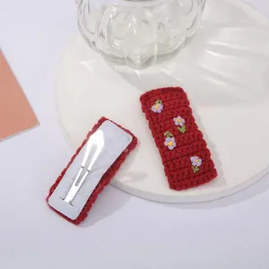 Lot de barrettes à cheveux au crochet rouge avec broderie florale et clips BB en métal
