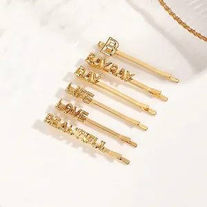 Copper Gold Plated Metal Letter Hair Clips Minimalist Metallic Word Bobby Pins For Women Daily Fashion Hair Accessories