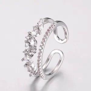 Double-layered silver open ring with pavé zircons and marquise accents for women