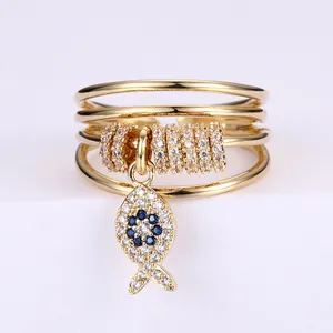 Chic multi-layer gold ring with blue devil eye fish pendant and sparkling white zircon stones