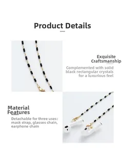 Detailed view of multipurpose eyewear chain with black crystal beads and gold metal links