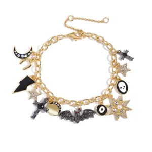 Bracciale Halloween in oro con ciondoli a forma di pipistrello fantasma luna e teschio