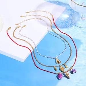 Ocean Theme Layered Necklace Faux Artificial Pearl Shell Starfish Pendant Resin Animal Charms Rope Chain Resort Style Jewelry For Women