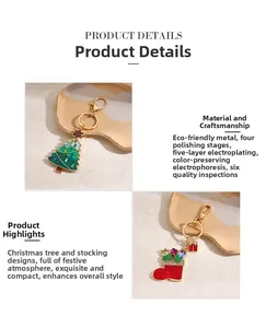 Detail view of acetate Christmas tree and sock keychain with durable plating and rhinestones
