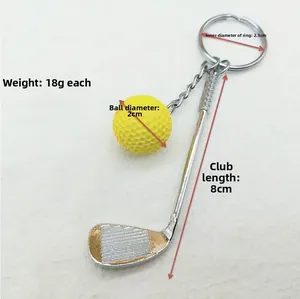 Detailed specs of golf keychain with yellow ball 2cm and silver club 8cm