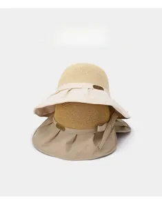 Detail of wide-brim sun hat with adjustable built-in wire for flexible styling options