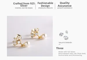 Détail de boucles d'oreilles éventail en argent 925 avec zircon et perle blanche