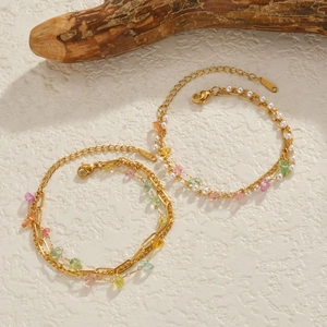 Bohemian 18K gold stainless steel layered bracelet with colorful crushed stones and pearls