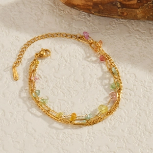 Bohemian 18K gold stainless steel double-layer bracelet with colorful natural stones