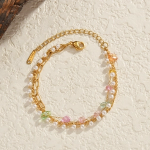 Bohemian multi-layer 18K gold stainless steel bracelet with colorful crushed stones