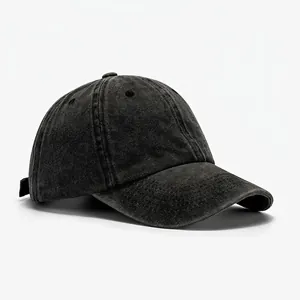 Close-up of vintage washed charcoal grey denim baseball cap with six-panel structure