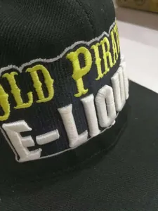 Close-up of premium 3D embroidery detail on black washed cotton baseball cap texture