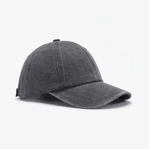 Detail of a charcoal grey washed cotton baseball cap with six-panel design and top button