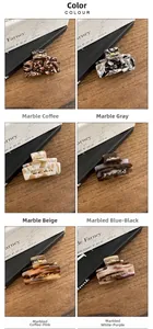 Detailed grid view of acetate hair claws in various marble and floral texture patterns