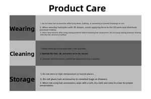 Care guide for hair accessories with maintenance instructions for various materials