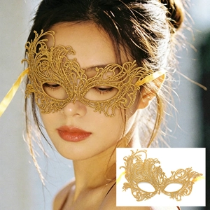 Elegant gold lace phoenix masquerade mask with intricate cutout patterns for Halloween party