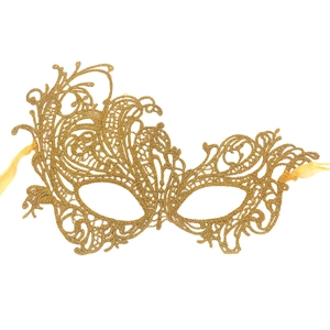 Golden lace phoenix masquerade mask with intricate cutout patterns and silk ribbons
