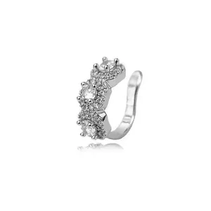 Hip-hop silver cuff earring with three large round zircons and micro-pave crystals