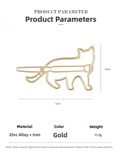Tableau des tailles pour la pince à cheveux chat dorée avec dimensions et matériaux