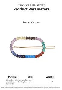Detailed view of colorful beaded hair clip with dimensions 4.3x9.2cm on gold metal base