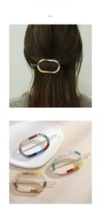 Detail view showing colorful beaded hair clips with metal base in various gradients