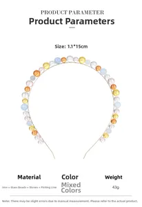 Detailed view of handmade colorful glass beads and stones on a thin metal headband frame