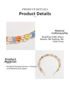 Close-up detail of multi-colored glass beads on a thin metal handmade headband
