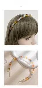 Detailed view of colorful glass bead headband with a thin gold metal wire frame