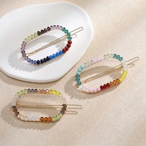 Handmade Colorful Beaded Hair Clip For Women Gold Alloy Oval Barrette With Crystal Glass Beads Summer Beach Hair Accessory