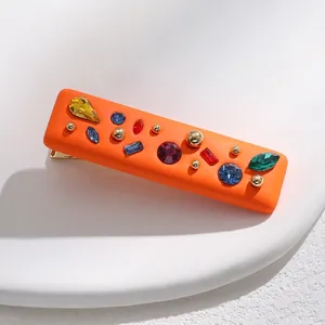 Colorful Rhinestone Plastic Resin Hair Clip Geometric Rectangle Orange Duckbill Clip Fashion Hair Accessories For Women Girls