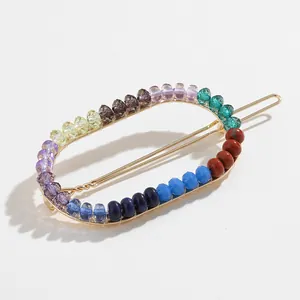 Colorful crystal beaded hair clip with golden alloy frame for summer beach vacation style