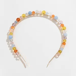 Elegant gold metal headband with colorful glass beads for women, minimalist summer style