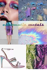 Macro detail of layered chromatic flat snake chain necklaces with iridescent metal finish