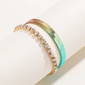 Iridescent Gradient Copper Layered Necklace For Women Gold Plated Flat Snake Chain Rhinestone Square Pendant Jewelry Decor