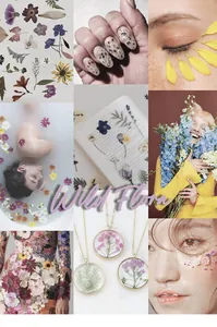 Detail of handmade resin necklaces with real dried flowers in gold metal frames