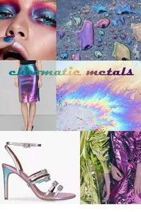 Detailed moodboard showing chromatic metal textures on purple skirts and rhinestone sandals
