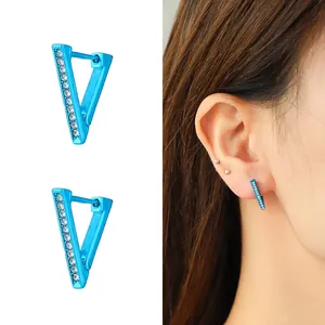 Classic blue geometric V-shaped earrings with sparkling white crystals for a modern look