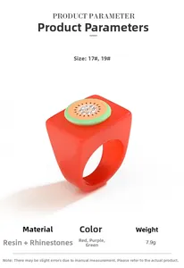 Detailed macro view of a red resin ring featuring a kiwi slice pattern with sparkling rhinestones