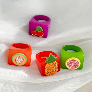 Y2K Retro Fruit Resin Square Ring Colorful Rhinestone Pineapple Cherry Kiwi Statement Finger Ring For Women Party Jewelry