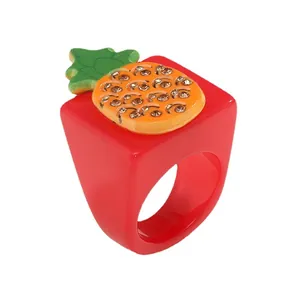 Red resin square ring with crystal-studded 3D pineapple charm for women fashion